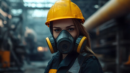 Fototapeta premium A woman adorned in a vibrant yellow helmet and protective gas mask stands confidently in a hazardous work environment.