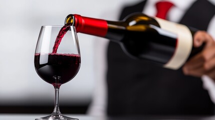 Man is pouring wine into a glass. The wine is red and the glass is half full. The man is wearing a black suit and a red tie. The scene is set in a restaurant or a bar