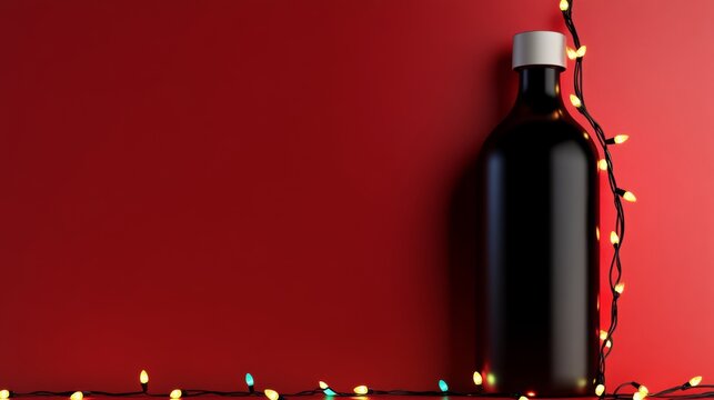 Bottle of liquor is on a red background with Christmas lights. The bottle is empty and the lights are strung up in a pattern. Scene is festive and celebratory