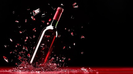 Fototapeta premium Bottle of wine is shattered on the ground, with shards of glass scattered around it. Concept of destruction and chaos, as if the wine bottle has been violently broken