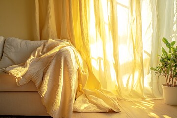 Sunlit Living Room Cozy Beige Throw Yellow Curtains Sunlight