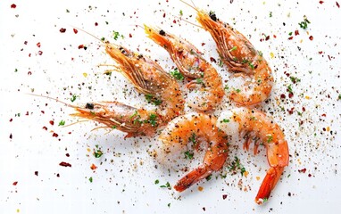 A cluster of grilled shrimp with herbs flying upward, surrounded by a sprinkle of chili flakes, on a bright white surface