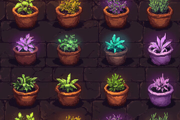 Seamless pattern of pixel art of magical herbs in glowing pots, vibrant colors