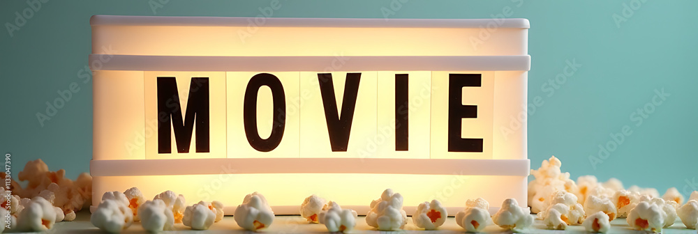 Poster a vintage movie text is displayed on a light box against a soft pastel colored background surrounded