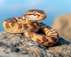 Obraz premium Stunning orange and white snake coiled on rock