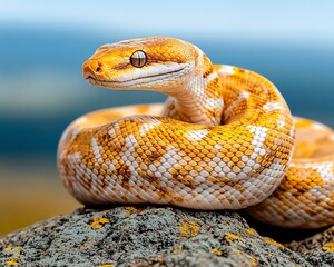 Fototapeta premium Stunning orange and white snake coiled on rock