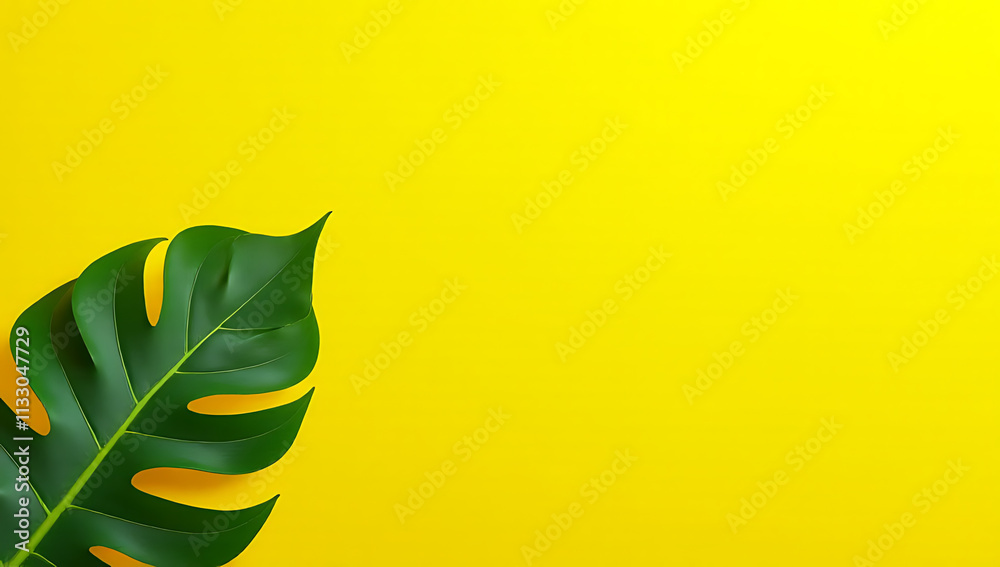 Poster a vibrant tropical leaf is placed against a bright yellow copy space background to create a visually