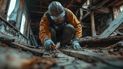Investigator Examining Damaged Building Structure Carefully