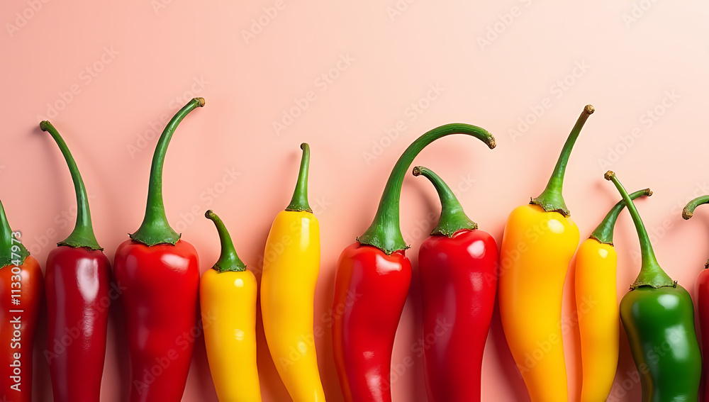Poster a vibrant display of exotic chillies against a soft pastel background adds warmth and visual interes
