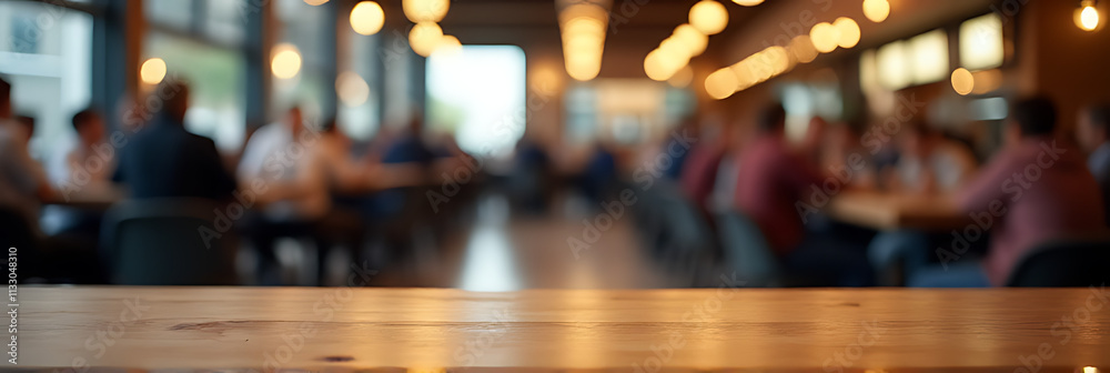 Poster a table in a crowded coffee shop has an empty wooden surface amidst a blurred crowd of people sittin