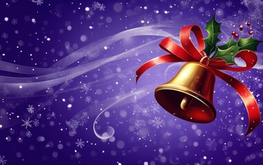 Obraz premium A playful holiday design with a golden bell tied with a red ribbon and holly leaves, suspended on a purple background with swirling silver sparkles
