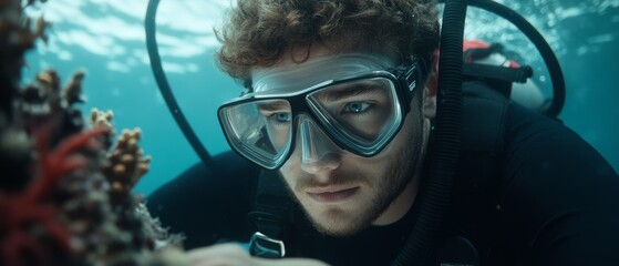 A scuba diver examines vibrant marine life, deeply immersed in an underwater world of exploration and discovery.