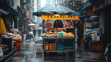 Obraz premium Rainy day market scene with fruit stall urban alley photography gloomy environment street view culture and lifestyle