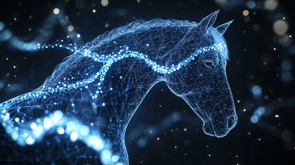 A digital genetic variation icon linked to a glowing horse, symbolizing online platforms researching genetic diversity in animal populations.  