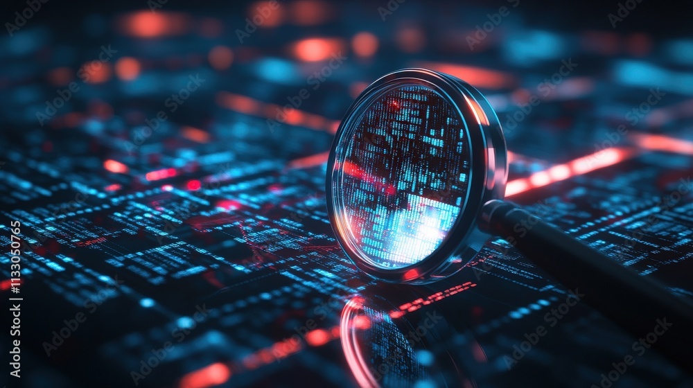 Poster High-Tech Magnifying Glass Over Digital Data Grid, Representing Data Analysis and Technology Advancements in Modern Cybersecurity and Information Retrieval