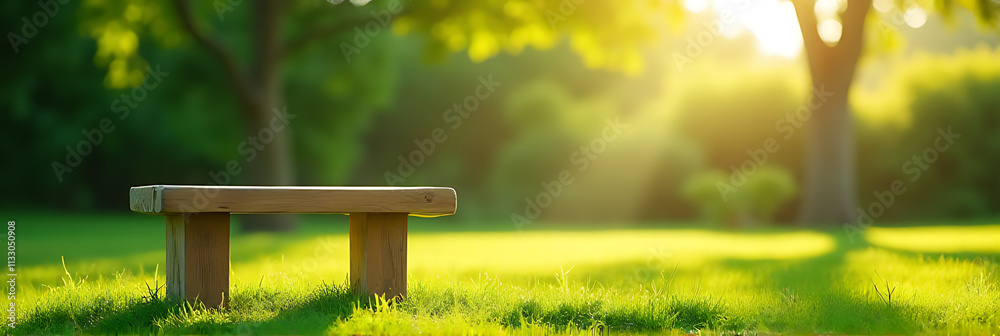 Poster a simple wooden table sits empty on a lush green lawn amidst a serene morning setting in a beautiful
