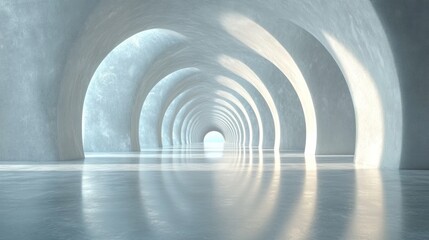 Obraz premium Abstract architecture a long hallway with arched ceilings and reflective floor, leading to a bright exit.