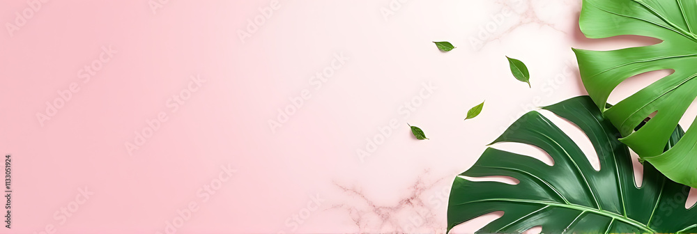 Poster a serene design features tropical leaves against a marble background with a pink copy space evoking 