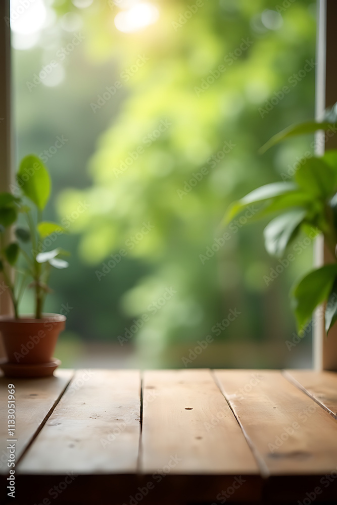 Aufkleber a serene morning scene unfolds with an empty wooden table amidst a blurred abstract green garden vie