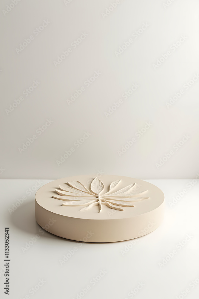 Poster a sandstone top features a tropical leaf design as the centerpiece of this minimalist product displa