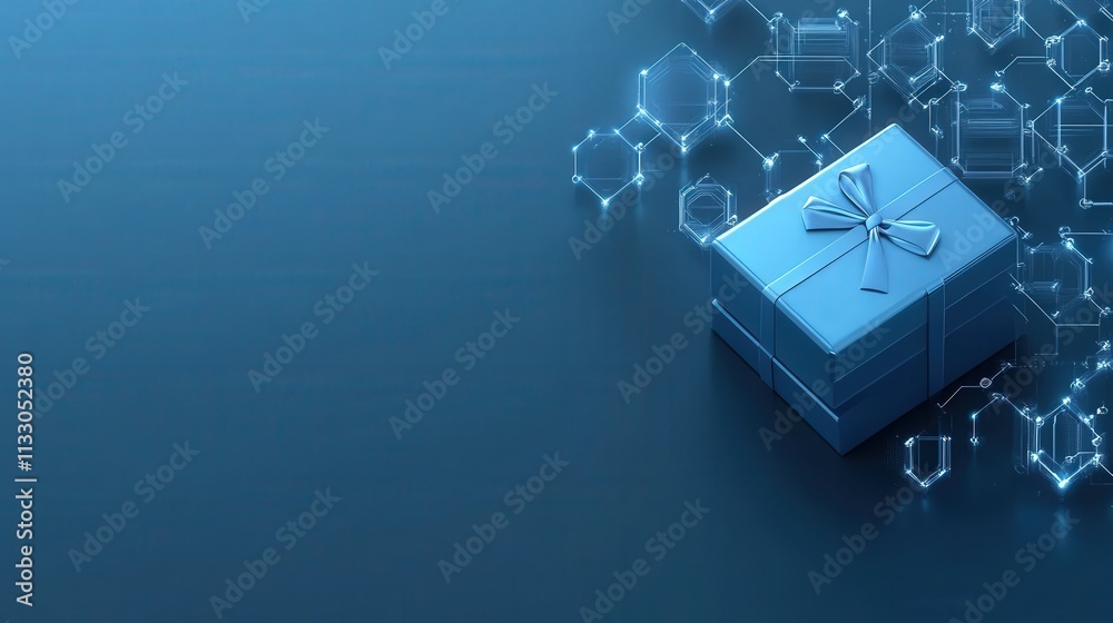 Poster blue gift box surrounded by abstract digital connections and geometric shapes representing modern te