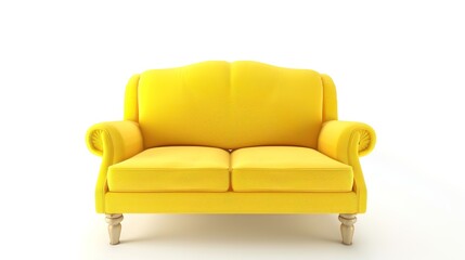 Fototapeta premium Yellow sofa on white background, showing its modern design and comfortable appearance. The bright yellow color stands out against the clean white, creating a stylish and inviting living space atmosphe