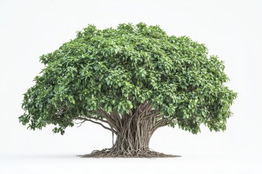 Majestic Banyan Tree with Exposed Roots Against a White Background, Lush Green Foliage and Thick Trunk