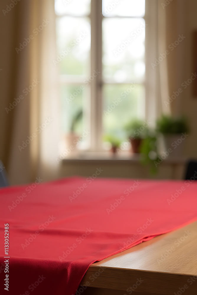 Poster A red tablecloth lies on a wooden surface in front of a blurred home window background view._00002_