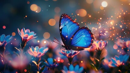 Magical blue butterfly on flowers with bokeh lights.
