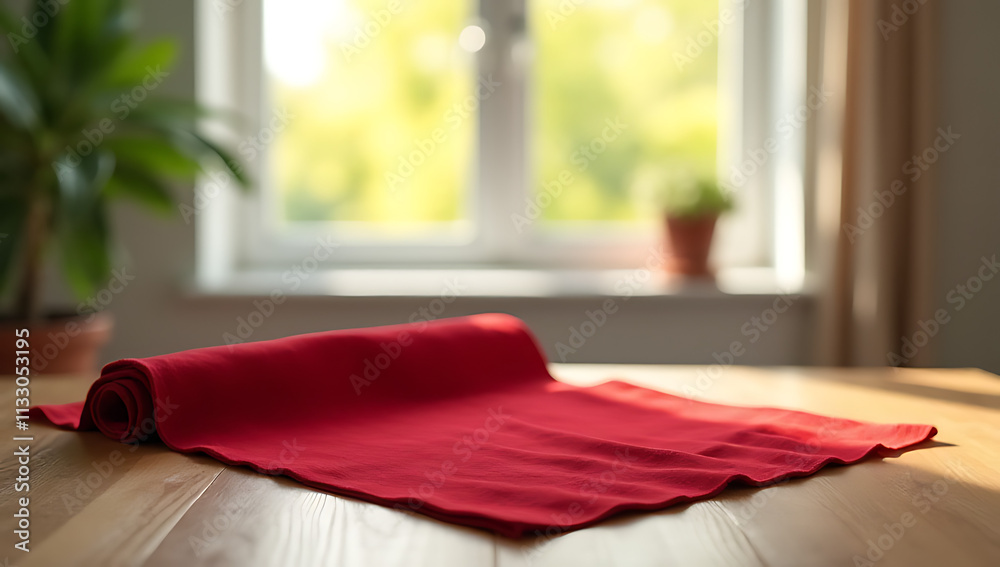 Poster a red cloth lies on a wooden table with a blurred window behind it in a morning light, ideal for pro