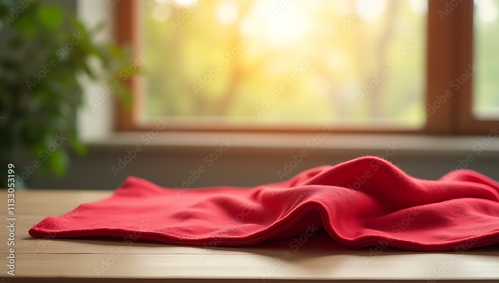 Poster a red cloth lies on a wooden table with a blurred window behind it in a morning light, ideal for pro