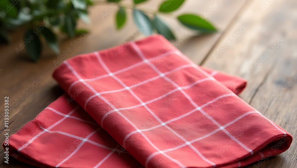 Poster A red checkered fabric lies atop a wooden table in a clear decorative setting for use as a visual representation of simplicity._00002_