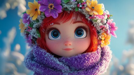 Naklejka premium A young girl wearing flowers as her crown looks up into the sky with bright blue eyes.