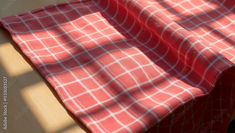 Poster A red checkered fabric lies atop a wooden table in a clear decorative setting for use as a visual representation of simplicity._00001_