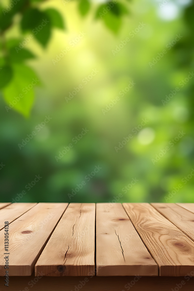 Poster A real wood table top with a blurred tree leaf pattern on a garden background for product display purposes._00001_