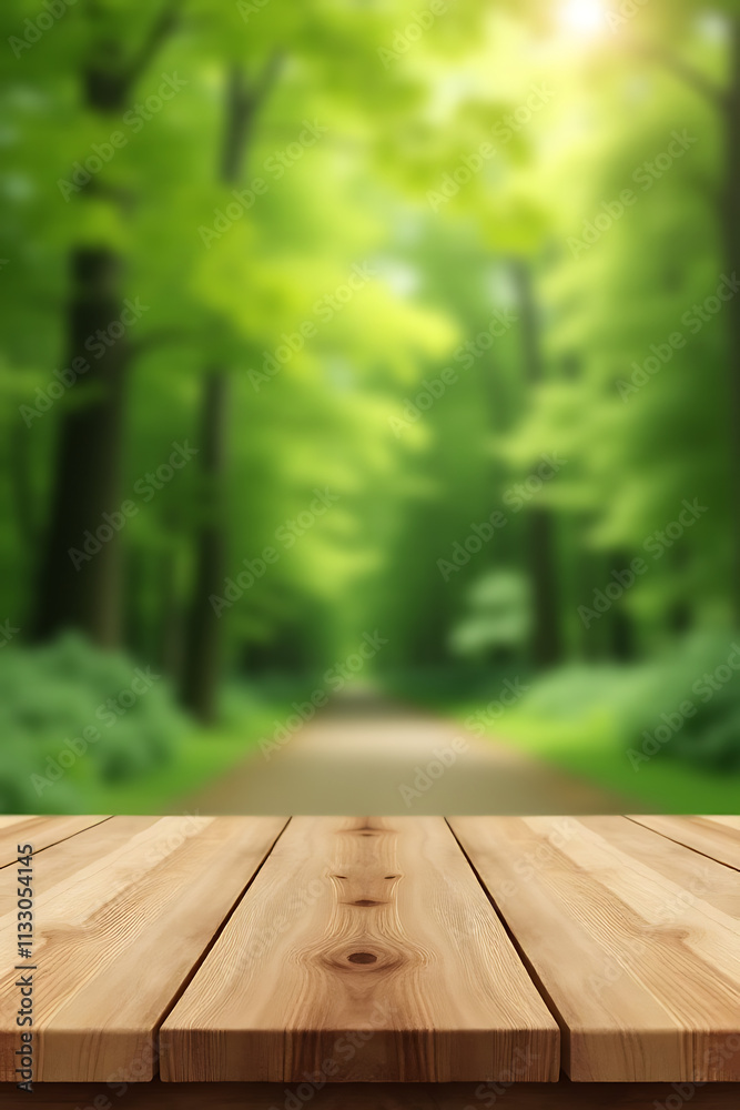 Poster A real wood table top with a blurred tree leaf pattern on a garden background for product display purposes._00002_