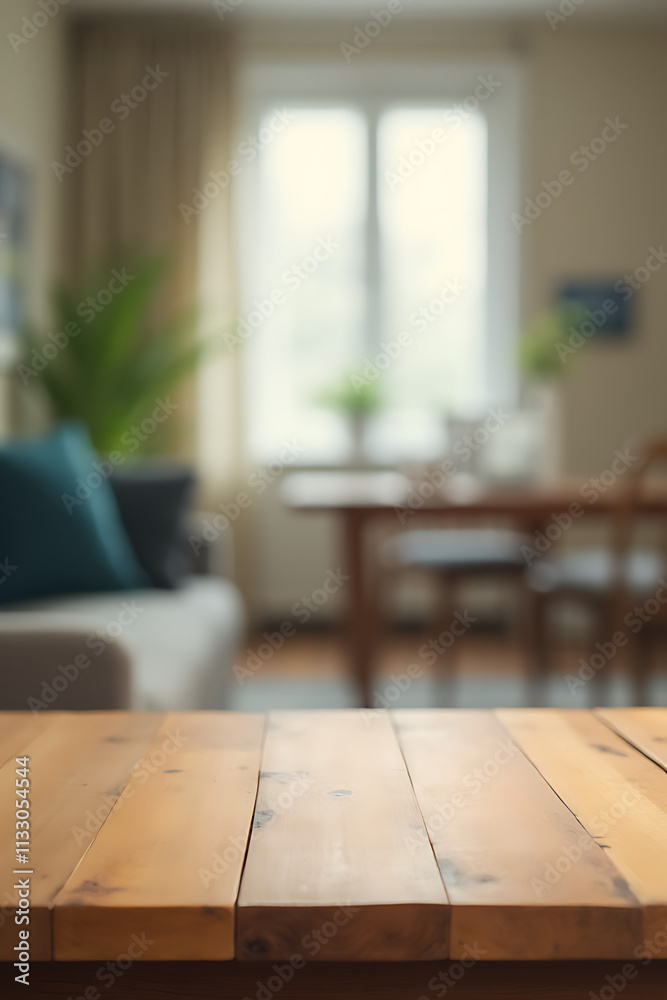 Poster A plain wooden table stands out against a blurred abstract background of a room with a window visible in the distance._00002_