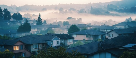 Mist drifts over a picturesque suburban neighborhood at dawn, roofs barely visible through the morning haze, evoking calm and mystery.