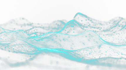 Neon teal abstract waves with glitter and sparkles isolated on transparent background, cutout