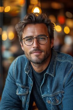 a handsome 38 year old man in a coffee shop.