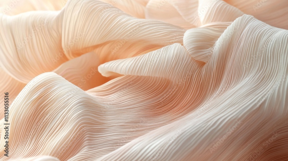 Poster Delicate layers of a large crumpled dress in light pink cascade softly, showcasing intricate pleats and textures as gentle light dances across the fabric, creating an enchanting visual experience