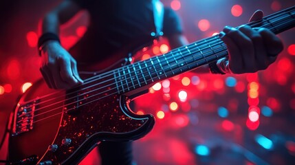 Obraz premium Close-up of a musician playing bass guitar on stage, illuminated by red and blue lights.