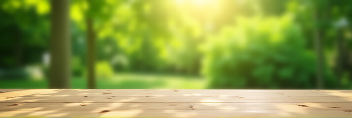 Fototapeta premium A natural real wood table top blends seamlessly with the blurred leafy greenery of a lush outdoor garden setting._00002_