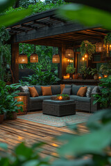 Fototapeta premium Photographie immobilière d'une terrasse cosy avec mobilier de jardin élégant et végétation luxuriante