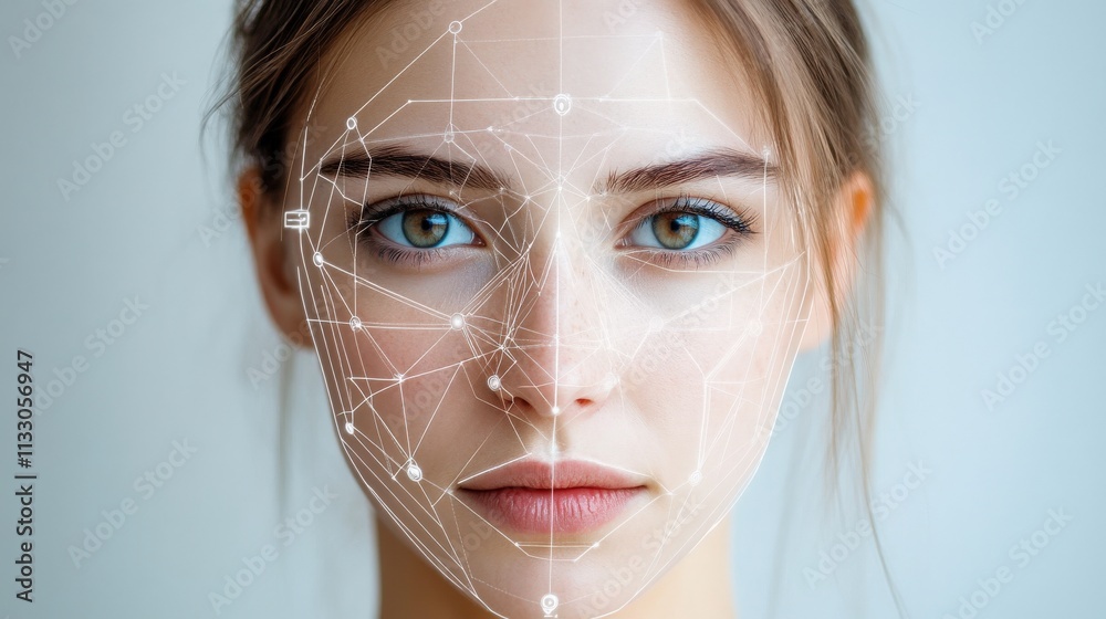 Aufkleber Futuristic Digital Transformation of a Female Face with Network and Data Visualization Elements Symbolizing Technology and Artificial Intelligence Integration in Modern Life