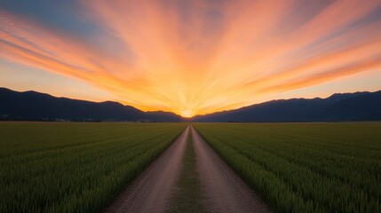 Obraz premium Serene Sunrise Country Road Green Field Mountain Landscape