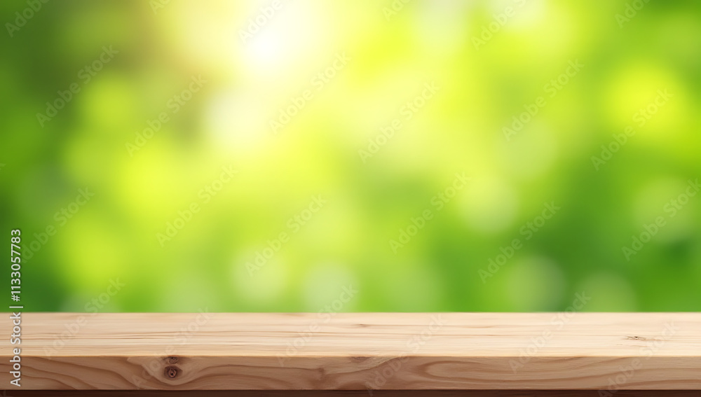 Poster a minimalist wooden tabletop with a blurred background featuring lush greenery and sunlight is ideal