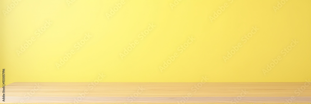 Poster a minimalist wooden tabletop is showcased on a soft yellow pastel background with ample space for pr