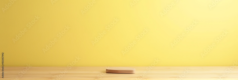 Poster a minimalist wooden tabletop is showcased on a soft yellow pastel background with ample space for pr