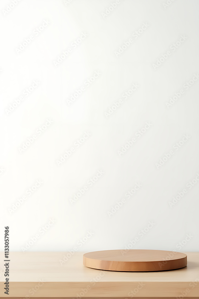 Poster a minimalist wooden table top sits on a clean white background suitable for product display in a cre